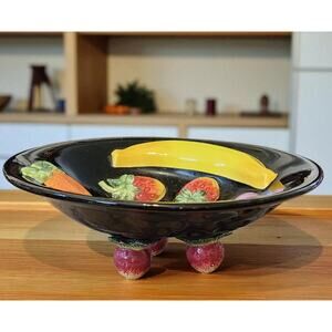 Fitz and Floyd Classics Fruitarama Footed Bowl Black 3D Fruit 1990 Great Shape